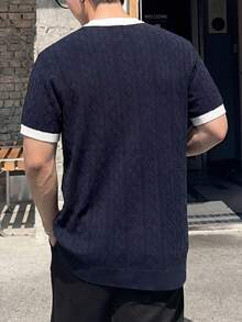 ALTZTAR Men's Crew Neck Textured Jacquard Short Sleeve Casual Commuter Knit Sweater - Navy Blue - View 2