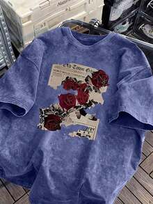 1 PcsWomen's Retro Rose And Newspaper Cartoon Letter Pattern Prints On The Street, Korean-Style Comfortable Retro Fashion Commuting Versatile Y2k Women's Clothing, Regular Niche Punk Style Black Fitted Round-Neck Short-Sleeved Washed T-Shirt, Washed Retro Series Comfortable Pure Cotton T-Shirt, Easily Create Retro Casual Wear, Suitable For Daily Commuting, Leisure Outings, Daily Outfits, Classic Retro Style Women's Clothing - 藍色 - 查看 1
