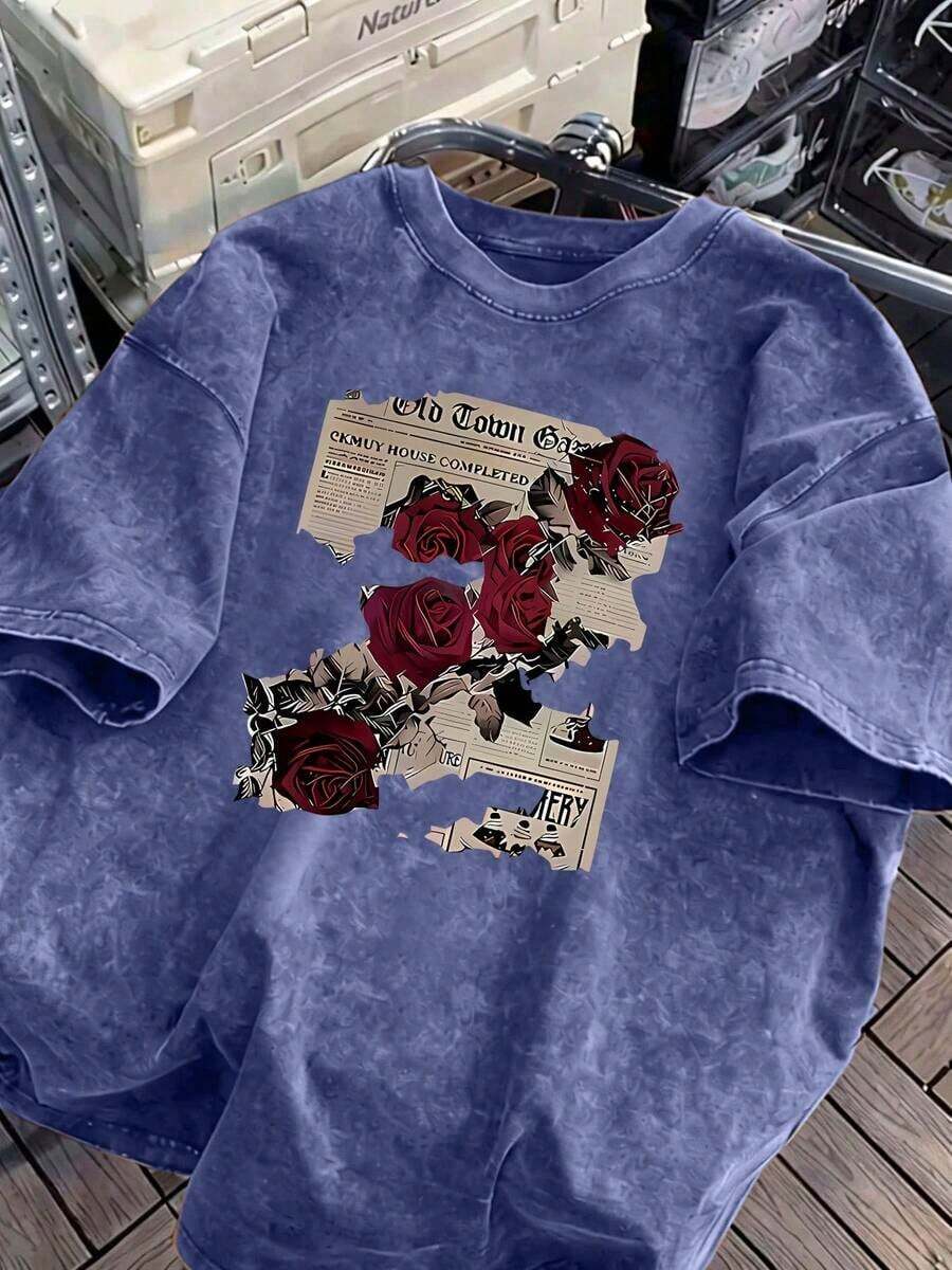 1 PcsWomen's Retro Rose And Newspaper Cartoon Letter Pattern Prints On The Street, Korean-Style Comfortable Retro Fashion Commuting Versatile Y2k Women's Clothing, Regular Niche Punk Style Black Fitted Round-Neck Short-Sleeved Washed T-Shirt, Washed Retro Series Comfortable Pure Cotton T-Shirt, Easily Create Retro Casual Wear, Suitable For Daily Commuting, Leisure Outings, Daily Outfits, Classic Retro Style Women's Clothing - 藍色 - 查看 1