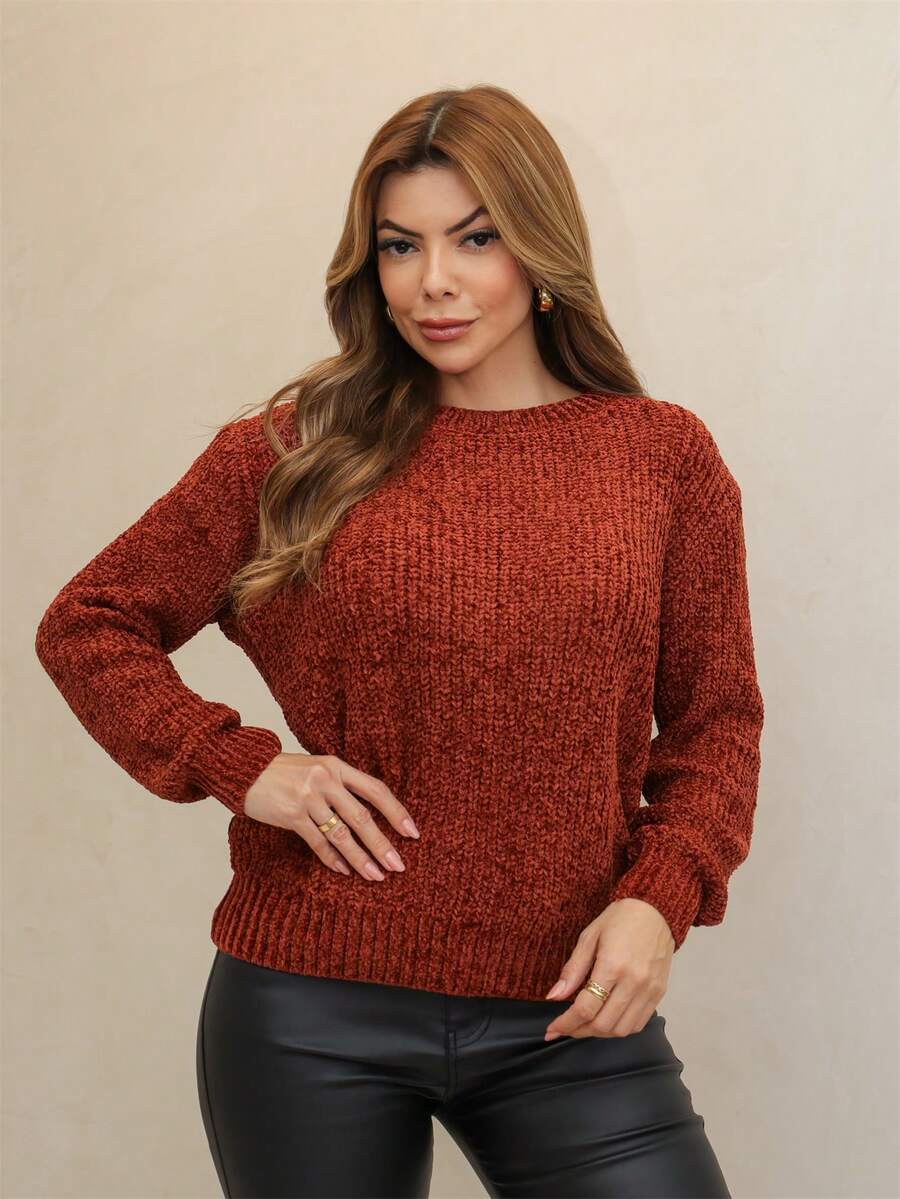Women's Long Sleeve Knit Sweater With Crew Neck, Casual Winter Style, 3RD SD2049 - Telha - 查看 1