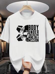Men Fitness Motivational Skull And Dumbbell Pattern T-Shirt - Body In Progress Slogan, Dark Gray Regular Fit Casual Sweatshirt, Suitable For Gym And Summer Training, Machine Washable Durable Sportswear - White - View 2