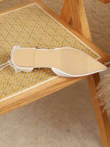 女士时尚尖头白色珍珠蝴蝶结玛丽珍休闲平底鞋，镂空凉鞋，春夏款 - 白色 - 查看 6