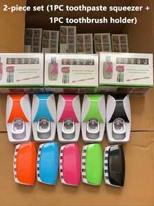 Set de 2 piezas Soporte automático de plástico para cepillos de dientes + Estante para cepillos de dientes, Soporte para cepillos de dientes de 5 ranuras montado en la pared sin agujeros, Adecuado para el baño del hogar - Multicolor - Ver 12