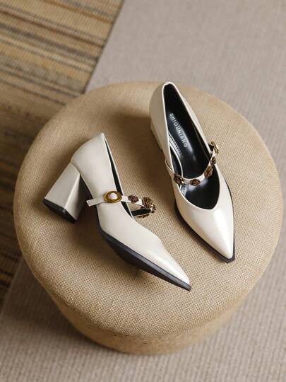 Women's Fashion Office 2026 Spring New High Heel Shoes, Casual Solid Color Beige, Black, Brown Pointed Toe Metal Decor Elegant Minimalist Chunky Heel High Heels, Loafers Suitable For Wide Leg Pants And Dresses