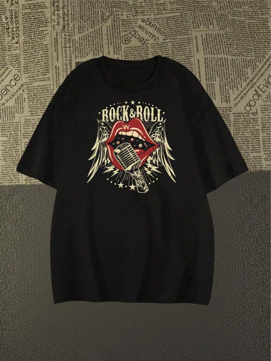 Premium Cotton Rock And Roll T-Shirt With Exclusive Language 2026 - 黑色 - 查看 1