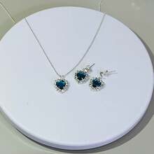 Venetian Chain Necklace And Heart Earring Set With Micro-Pave Cubic Zirconia Stones, Semi-Precious Jewelry Plated In 925 Silver. - 藍色 - 查看 3
