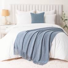 Bluish Grey Throw Blanket For Couch, Textured Knit Throw, Boho Blankets And Throws For Sofa Bed Living Room Decor, Outdoor Throw Blanket, 50"X60" - Bluish Grey - 查看 6