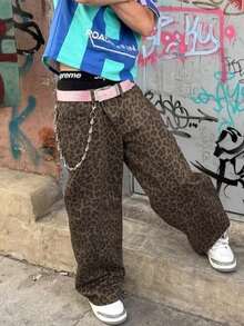 Grunge Goth Y2K 风格男士时尚休闲街头直筒宽松个性化年轻运动学院风直筒街头百搭豹纹牛仔裤 - 彩色 - 查看 2