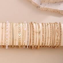 22pcs Vintage Elegant Flat Snake Chain, Box Chain, Beaded Chain, Twist Chain, Rhinestone Bracelet Set, Creative Hollow Heart Chain, Wavy Chain Bracelets, Punk Metal Versatile Jewelry For Women, Daily, Casual, Party - Gold - View 9