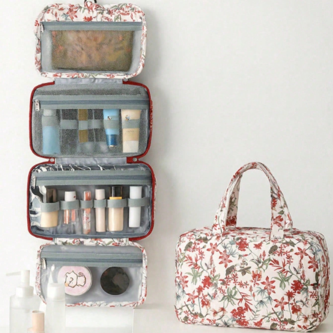 1Piece Vintage Flower Pattern Hook Handheld Foldable Large Capacity Makeup Bag Toilet Storage Bag Waterproof Makeup Bag Portable Makeup Bag Four Layer Toilet Bag Travel Necessities Cruise Ship Necessities Dormitory Necessities Toiletries Bag Travel Toiletry Bag Wash Bag Shower Bag Waterproof Bag For Women Packing Cubes Travel Essentials For Women Cruise Essentials Vacation Essentials Travel Stuff