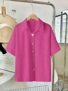 Freeform Casual Commute Minimalist Versatile Shirt, Ins Style Suitable For Work, Daily Casual And Dates, Spring, Summer, Autumn, With Golden Heart-Shaped Button Design, Comfortable - Hot Pink - View 3