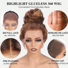 ZHENDEFA 4/27 Ombre Honey Gold Highlight Straight Human Hair Invisible 360 Degree Full Lace Wig With 200% Density Brazilian Remy Hair Hairline - S4/27 - View 10