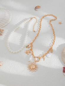 2pcs/Set Ocean Holiday Style Sunflower, Starfish, Seashell & Water Drop Pendant Necklace, Faux Pearl Beaded Layered Necklace, Elegant Luxury, Suitable For Wedding, Party, Beach, Casual, Street Style, Women & Couples, Holiday & Birthday Gift - Gold - View 6