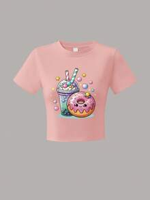 Teen Girls' Cute Aesthetic Crop Tee, Donut & Bubble Tea Print, Star Accent, Slim Fit Top, For Friend Shopping, Weekend Hangout, Casual Daily Wear - Pink - View 7