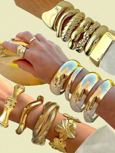 15 件/9 件/6 件/3 件/1 件复古时尚优雅金属多元素复古几何不对称仿珍珠五瓣花蝴蝶结圆形波浪结多层线交叉镂空宽开可调节手链和手镯套装，简约个性化夸张奢华高端珠宝适合女性情侣节日派对婚礼约会日常穿着多功能（根据图片随机款式发货）