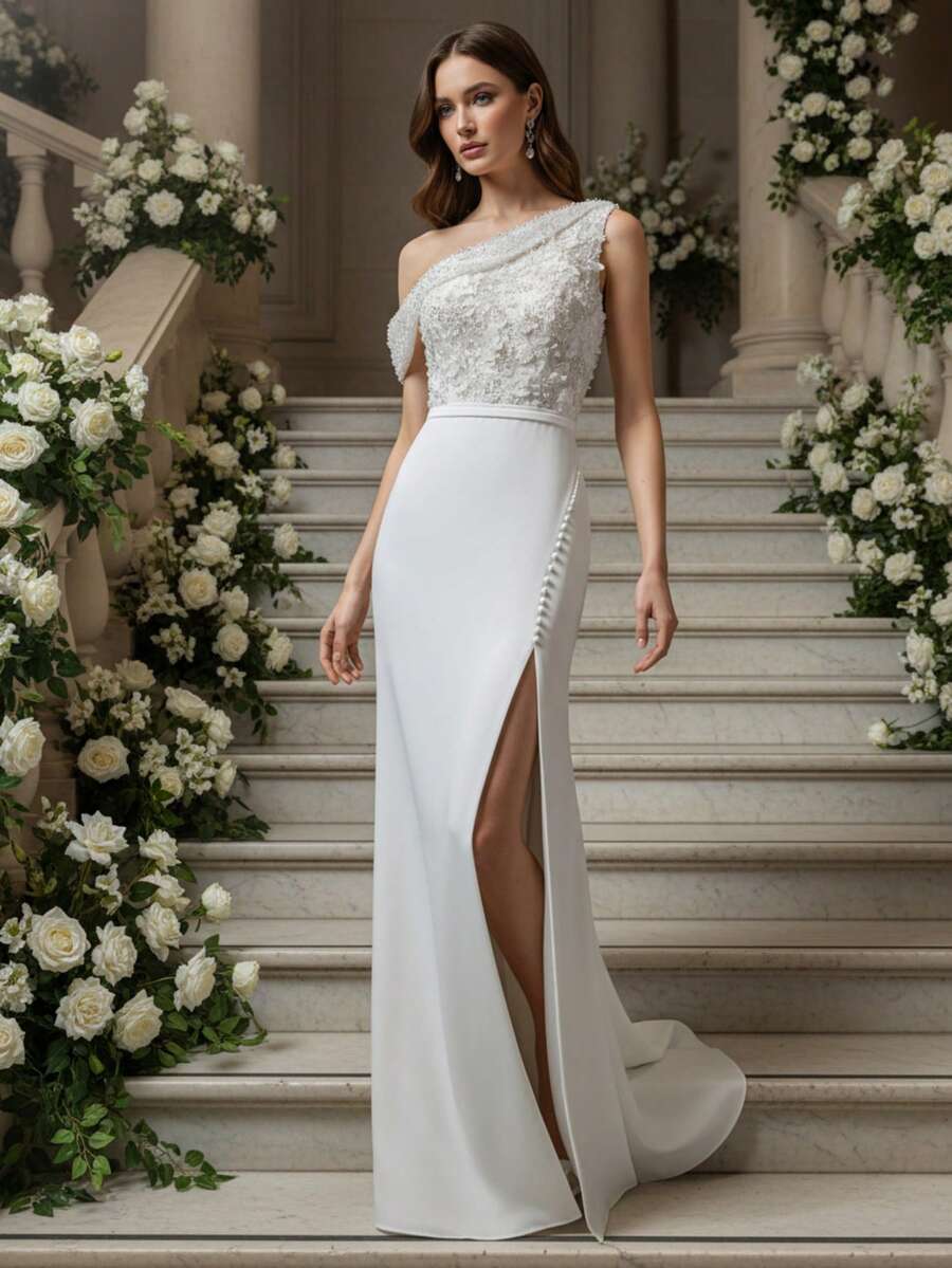 白色无袖珍珠亮片3D立体花卉不对称高开衩优雅舞会晚礼服 - 白色 - 查看 1