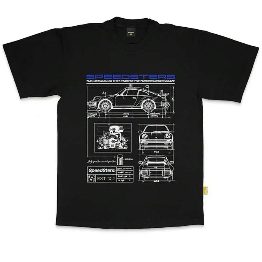 Super Car Printed Men's T-Shirt Cotton Casual O-Neck Short Sleeve Women's Streetwear Tee Oversize High Quality 911 Car Tops - 黑色 - 查看 1