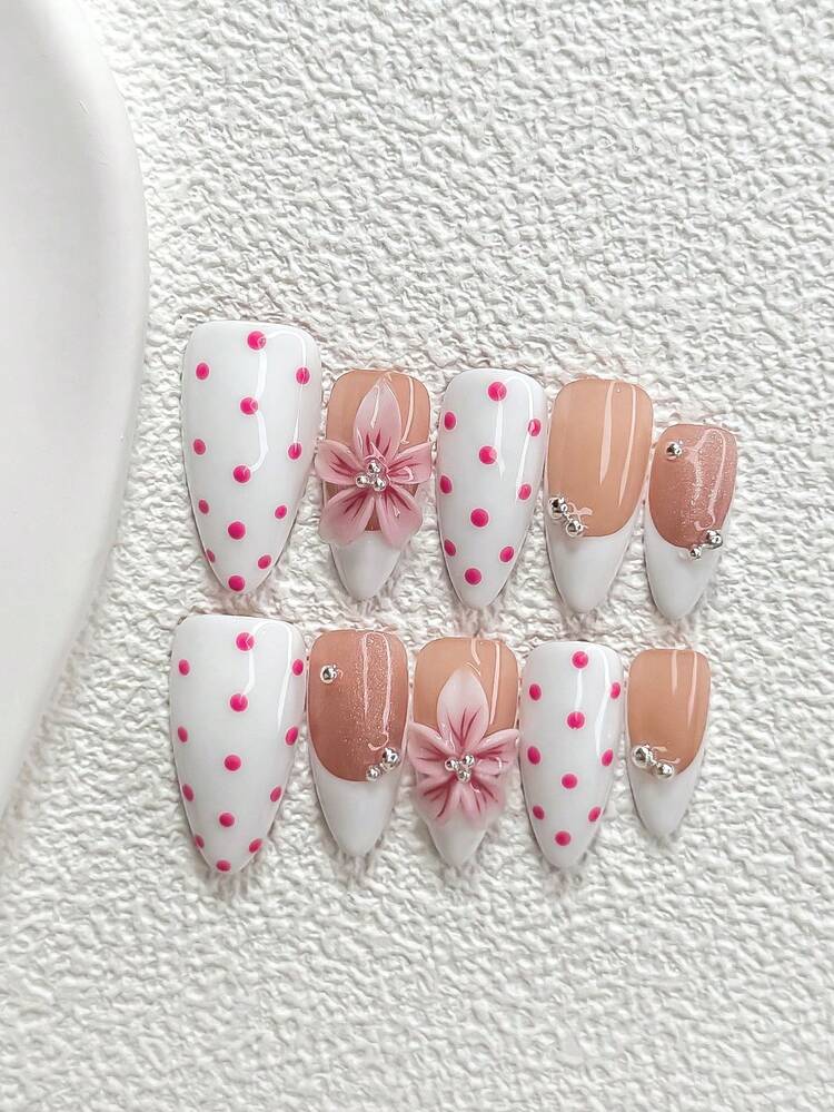 10pcs Sweet & Cute Polygel Nail Art Set, Acrylic Nail Stickers, Hand-Painted Light Pink Polka Dot Pattern, 5-Petal Gradient Pink Flower Nail Decor, White Nail Polish, Includes Nail Tools (1 Jelly Sticker + 1 Nail File). Almond, Duck Mouth, And Coffin Shapes Provided, Suitable For Daily, Party, Photo Shoot, Office And Other Occasions, Great Gift For Women And Girls Nails Nail Supplies Handmade Press On Nails - 彩色 - 查看 18