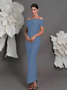 露肩绷带针织紧身连衣裙，奢华欧式风格，修身铅笔裙，适合家庭聚会、派对、宴会等场合。 - 淺色水洗藍 - 查看 6