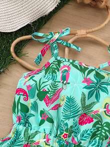 Young Girls' Summer Vacation Tropical Rainforest Leaf Print Jumpsuit With Bowknot Strap - Green - View 3