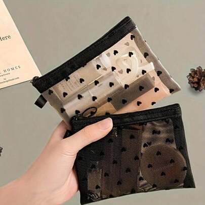 Beige And Black Storage Bag Set, Heart-Shaped Design, Transparent Viewable, Portable Storage Bags, Suitable Storing Lipsticks And Other Small Items