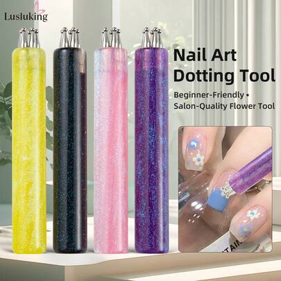  Lusluking 5-In-1 Nail Art Dotting Tool For Flower Patterns, Professional Manicure Dotting Pen With Glitter Handle, Effortless DIY Nail Design Tool For Beginners & Professional Nail Artists