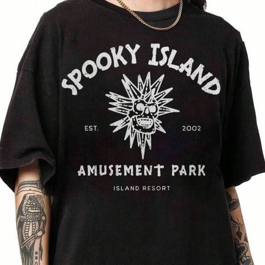 Shirts For Men Spooky Island Shirt, Disco Skull, Halloween Nostalgia, Baggy T Shirt, Skull Emblem, Spooky Disco Shirt, Ghost Town, Spooky Island Shirt Men's Casual Print Round Neck Short Sleeve T-Shirt Men Women T-Shirt Print Tee - 黑色 - 查看 1