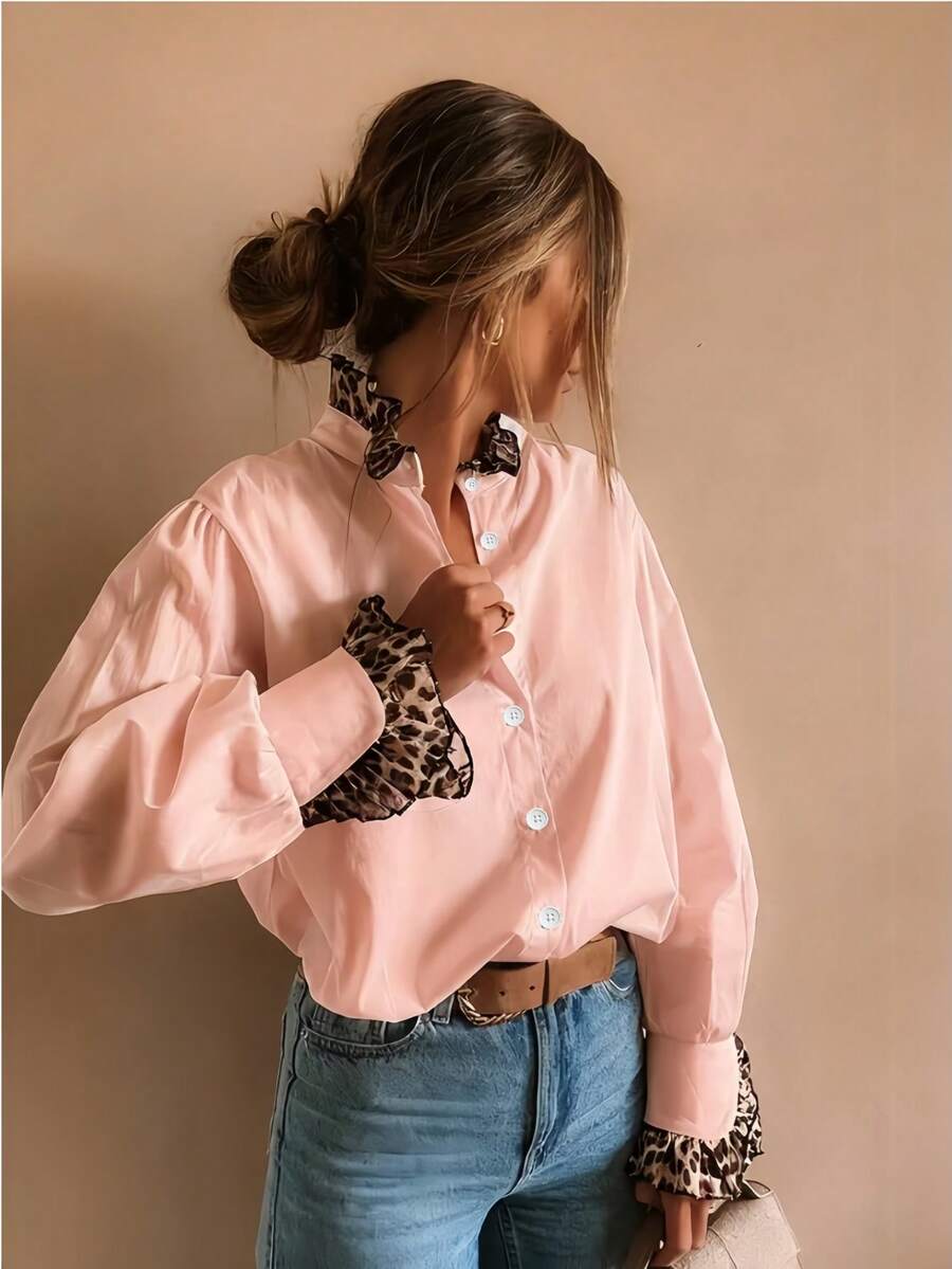 1pc Leopard Print & Solid Polyester Button Front Crossover Collar Blouse, Suitable For Everyday And Festivals, Spring, Summer, Autumn Pink - Pink - View 1