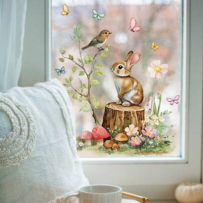 1pc Super Cute Rabbit And Butterfly Window Stickers, Reusable PVC Double-Sided Static Cling Window Decals, Perfect For Decorating Your Home, Bedroom, Children's Room, Or Kitchen.