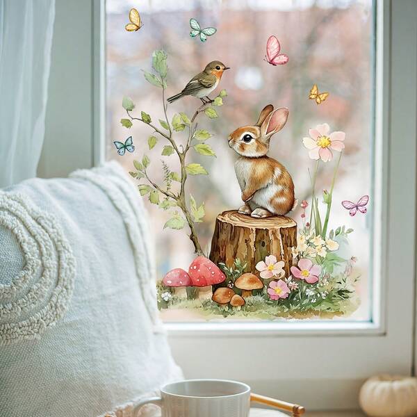 1pc Super Cute Rabbit And Butterfly Window Stickers, Reusable PVC Double-Sided Static Cling Window Decals, Perfect For Decorating Your Home, Bedroom, Children's Room, Or Kitchen.
