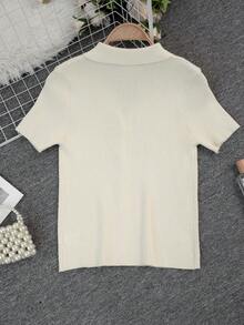 Camiseta de punto con cuello polo y mangas raglán cortas para mujer, ligera y versátil, ideal para primavera/verano - Albaricoque - Ver 8
