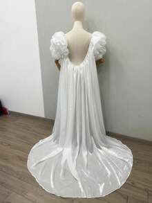 1pc Burgundy Satin Bridal Cape, Luxury Cloak With Puff Sleeves & Long Train, 170cm - Multicolor - View 6