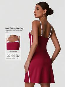 Sodalemon Women's Contrast Color Workout Fitness Dress, Elastic Sports Casual Yoga Dress With Contrast Lining Summer - Red Violet - View 2
