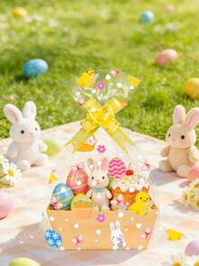 10个50*70厘米复活节透明礼品袋，印有兔子、小鸡、彩蛋图案，配红/黄丝带，可用于礼品包装、复活节篮子包装、彩蛋包装等，适用于复活节、节日派对、主题活动和生日派对。 - 彩色 - 查看 3