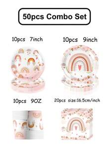 Kit de 50 piezas de vajilla desechable estilo boho chic con arcoíris pastel, platos, vasos y servilletas con hermosos estampados de rosas y corazones. Excelente opción para fiestas de cumpleaños de niñas, baby showers, despedidas de soltera y bodas bohemias, decoración y artículos esenciales perfectos para un ambiente romántico - Multicolor - Ver 11
