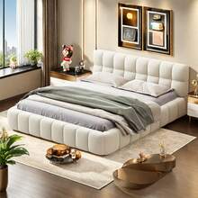 FEEOHOME Bubble Upholstered Bed, 140x190cm, Double Bed With Upholstered Headboard And Slatted Base, Youth Bed, Flat Bed Frame For Bedrooms, Rooms, Apartments, Linen, Without Mattress, Beige - 米色 140x190 - 查看 1