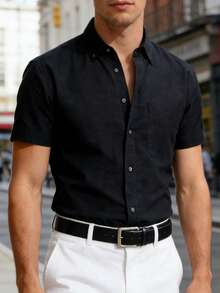 Men's Short Sleeve Casual Shirt In Solid Color Oxford Spun, Suitable For Summer,Wrinkle Resistant Office Work Shirt For Men - 黑色 - 查看 2