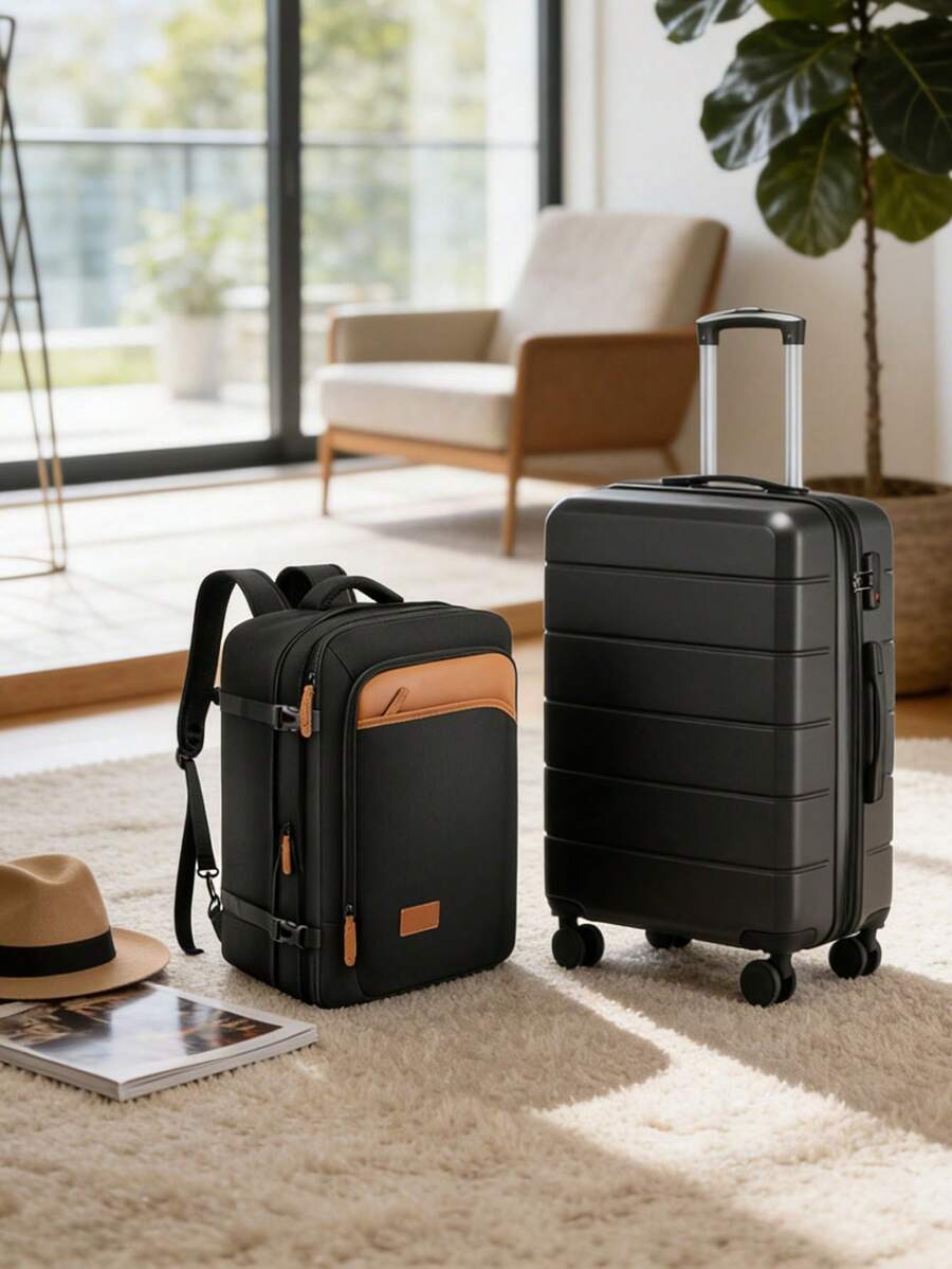 两件套登机行李箱，尺寸22x14x9英寸，符合航空公司标准，带万向轮，包含旅行背包、可扩展硬壳行李箱、黑色旅行包、行李箱、衣物收纳箱、邮轮旅行必备品、度假必备品。 - 黑色 - 查看 1