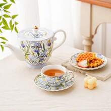 Tea Cup And Saucers 6.4oz Floral Tea Cups With Gold Trim Porcelain Teacup Coffee Cappuccino Espresso Latte Mugs For Party Birthday Party Cafe Home Christmas Gift Blue - 鳶尾花 - 藍色 - 查看 4