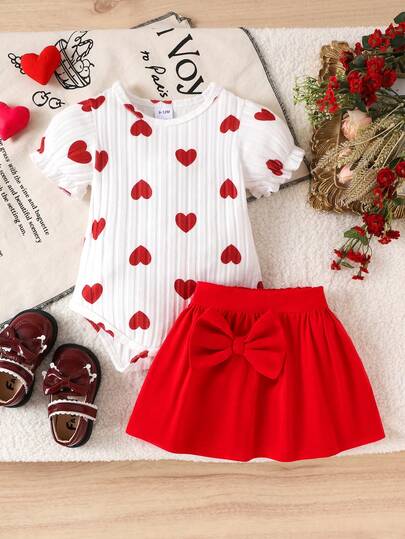 2件套女婴可爱爱心印花连体衣+蝴蝶结装饰裙套装，轻薄夏季服装