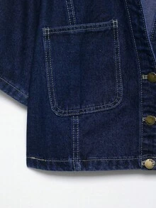 女士短袖单排扣口袋休闲牛仔衬衫，春夏款 - 深色水洗藍 - 查看 5