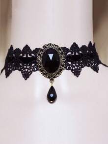 Lace Necklace Women Gothic Choker Lace Collarbone Chain Bracelet Earrings Set Shiny Vintage,Halloween - Black - View 4