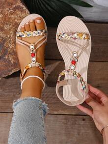 Sandalias planas de verano para mujer con puntera redonda, hechas a mano con cuentas, de estilo bohemio, de moda versátil y cómodas para vacaciones - Beis - Ver 7