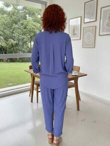 Women's Set: Pants And Shirt With Elastic Waistband, Comfortable, Casual, And Stylish For Everyday Wear. - 霧霾藍 - 查看 2