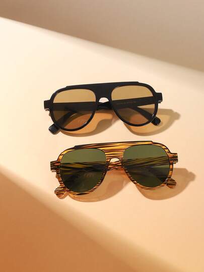 2 PCS Women's Vintage Aviator Fashion Glasses Double Bridge Design Polycarbonate Frame Suitable Daily Outings With Glasses Box