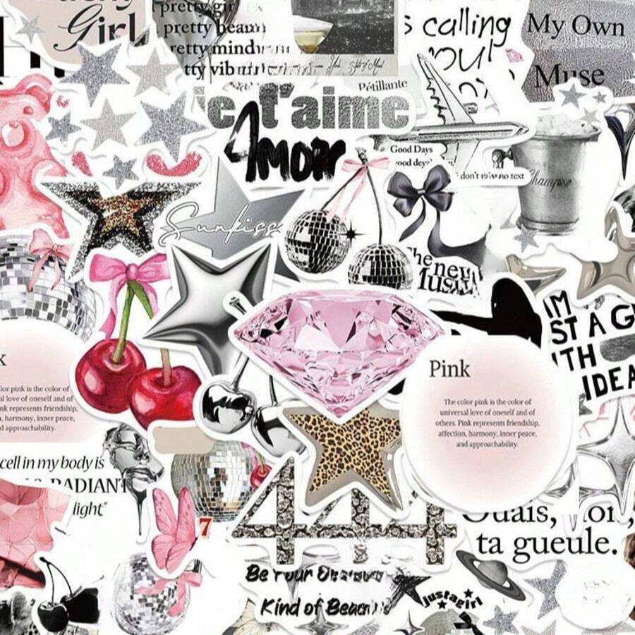 50张银色幸运贴纸，Y2K风格贴纸，Y2K市中心贴纸，Y2K礼物，复古贴纸，90年代贴纸，防水乙烯基贴纸，适用于信封、水瓶、电脑、笔记本电脑、手机、行李箱、笔记本、冰箱等。 - D - 查看 1