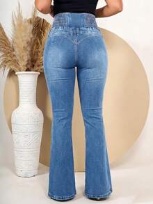 Women's Jeans With A Pleated Elastic Waistband Design That Lifts The Buttocks And Flattens The Tummy, Offering Stretch Without Constriction. - 淺藍色 - 查看 5