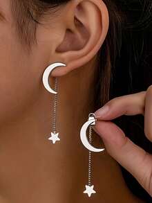 1 Pair Minimalist Moon & Star Stud Earrings, Front & Back Wear Design Earrings - Multicolor - View 5