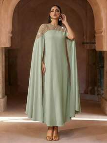 Eleganter weißer Langarm Kaftan Bademantel, verziert mit exquisiter Perlenbestickung, luxuriöser langer Abaya, würdevoll und angemessen, arabischer Stil Bademantel für Frauen im Frühling - Minzgrün - Übersicht 6