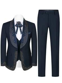 3 Piece Men's Suits, Rhinestone Embellished Shawl Collar Tuxedo, Slim Fit Formal Blazer With Vest And Pants, For Wedding Party Prom Groomsmen - 藏蓝色 - 查看 4